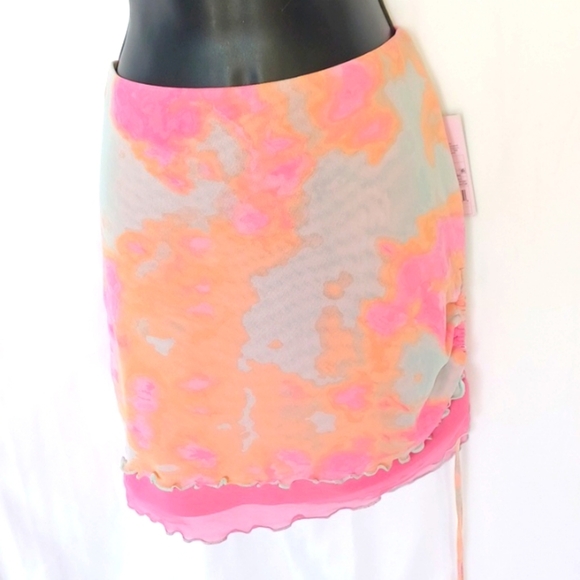 NWT Wild Fable Mesh Side Ruched Mini Skirt Neon Size M Retro Hippie Vibes - Picture 1 of 7
